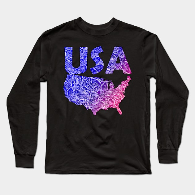 Colorful mandala art map of the United States of America with text in blue and violet Long Sleeve T-Shirt by Happy Citizen